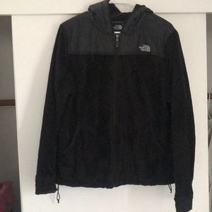 North Face black fuzzy hooded jacket